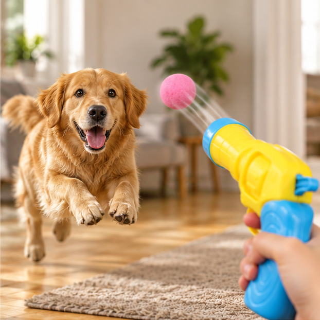 Dog chasing a soft ball launched from FetchShot