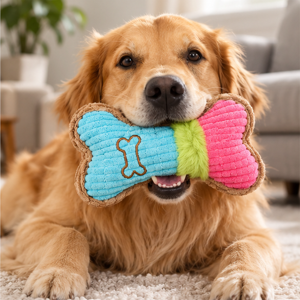 Dog holding CozyBone Plush Play Toy