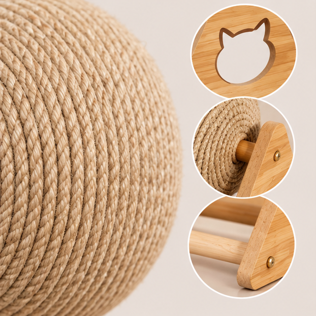 Sisal texture and wooden frame details of PawSpin Play Wheel