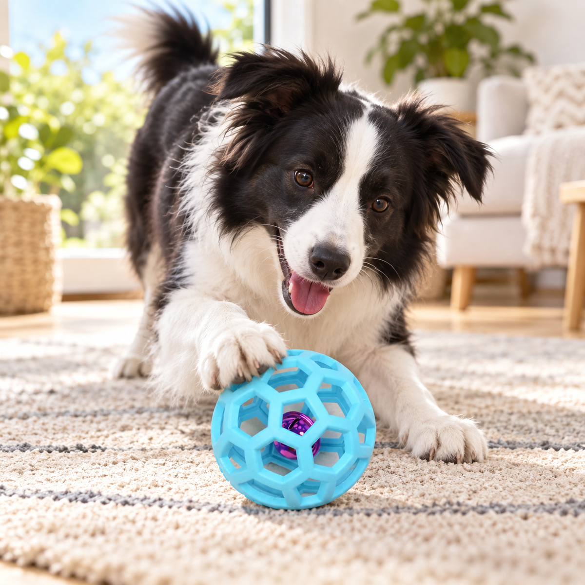 Dog playing with BellCage Bounce Play Ball at home