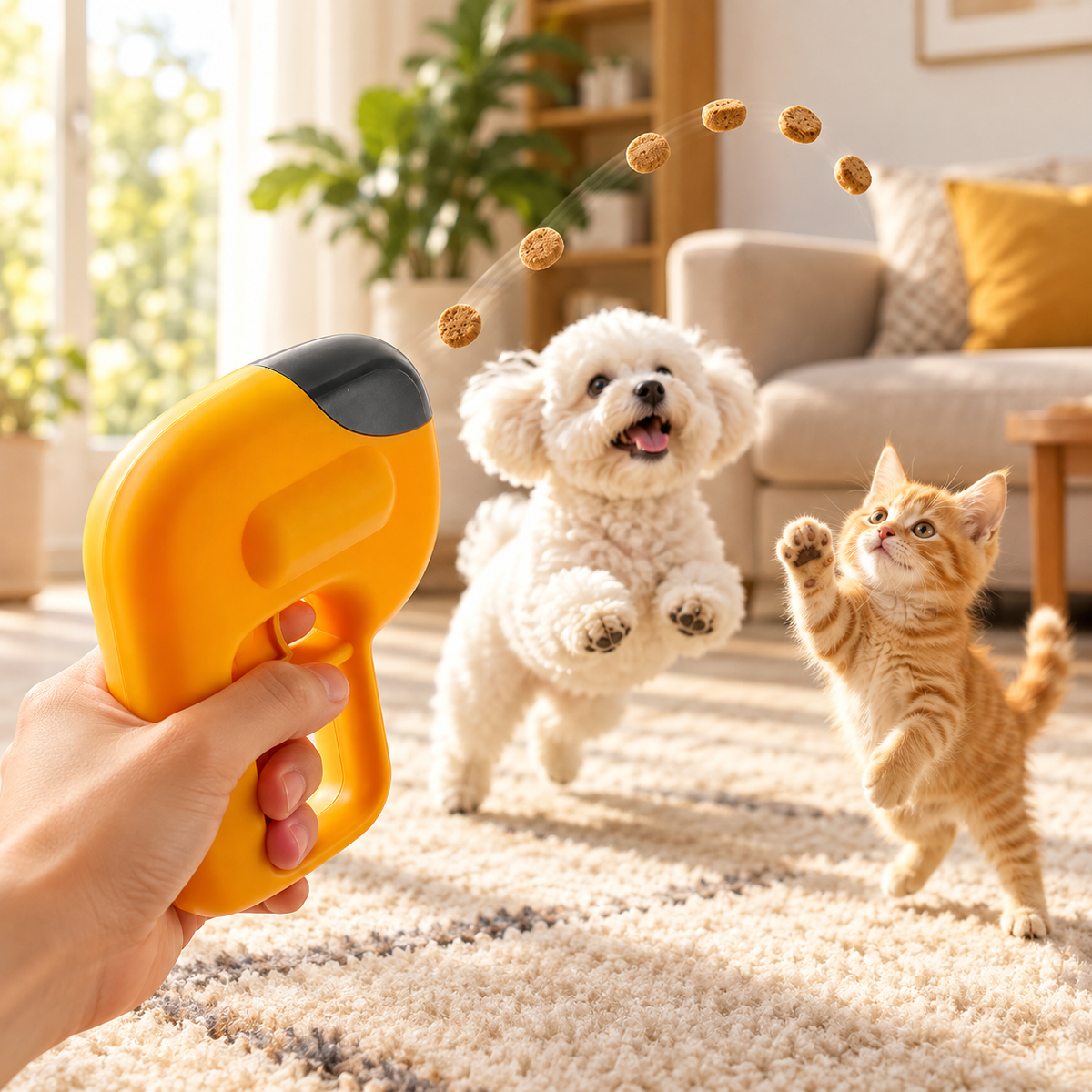 Dog and cat playing with TreatPop Handheld Reward Launcher