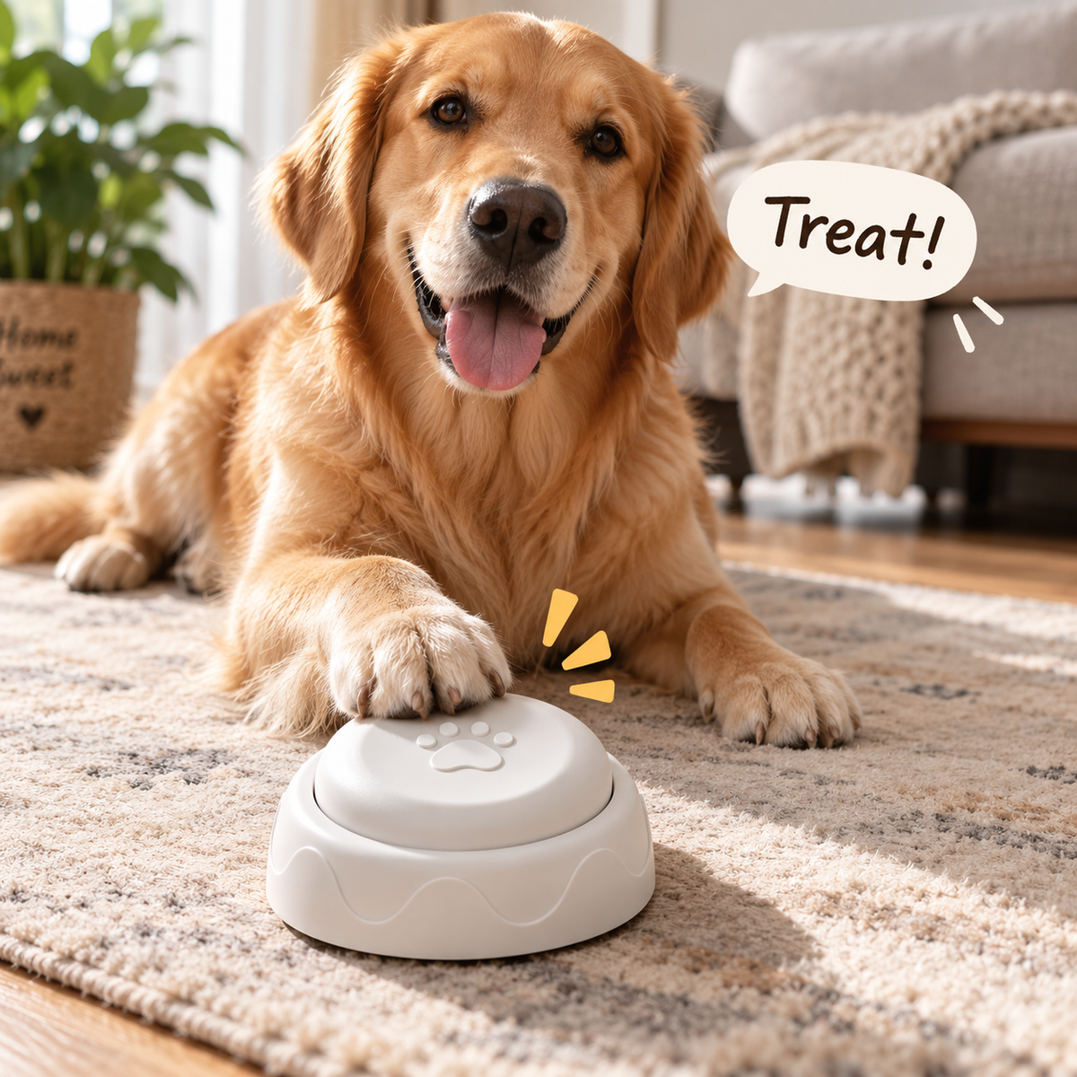 Dog pressing PawTalk Pet Communication Button during reward play