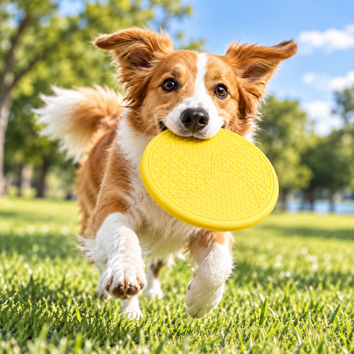 Dog playing outdoors with GlideDisc Textured Flying Toy