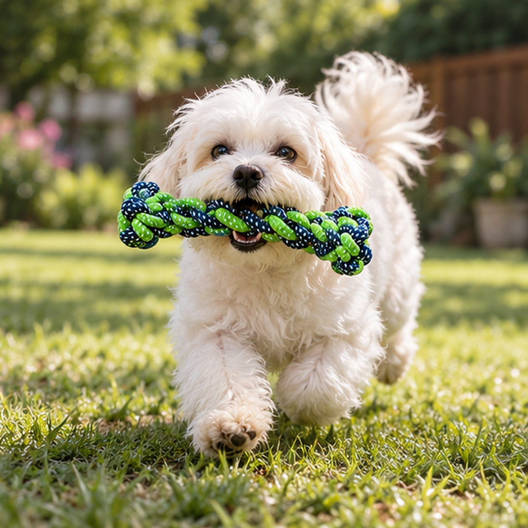 Dog carrying a KnotPlay braided rope toy outdoors
